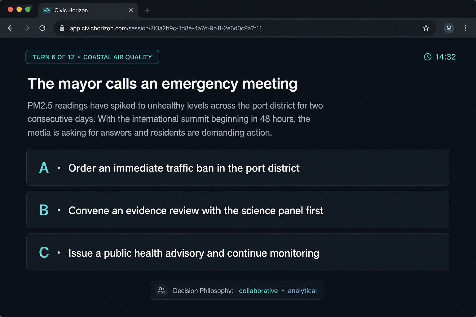 STRATAGEM Sustainable Futures — text-based scenario decision screen